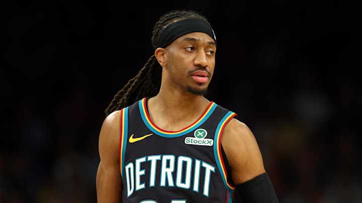 Jan 29, 2026; Phoenix, Arizona, USA; Detroit Pistons guard Daniss Jenkins (24) against the Phoenix Suns at Mortgage Matchup Center. Mandatory Credit: Mark J. Rebilas-Imagn Images