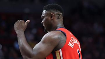 Apr 9, 2024; Portland, Oregon, USA;  The letter Z is shaved on the head of New Orleans Pelicans forward Zion Williamson (1) during a game against the Portland Trail Blazers at Moda Center. Mandatory Credit: Jaime Valdez-Imagn Images