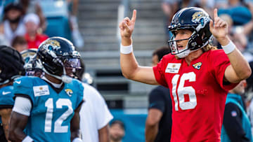 Jacksonville Jaguars quarterback Trevor Lawrence (16) calls a play with teammate wide receiver Travis Hunter (12) in the background before an NFL scrimmage at EverBank Stadium Friday August 1, 2025, in Jacksonville, Fla. [Doug Engle/Florida Times-Union]