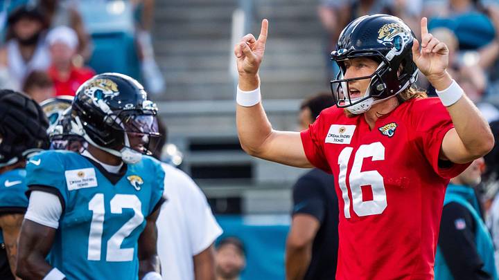 Jacksonville Jaguars quarterback Trevor Lawrence (16) calls a play with teammate wide receiver Travis Hunter (12) in the background before an NFL scrimmage at EverBank Stadium Friday August 1, 2025, in Jacksonville, Fla. [Doug Engle/Florida Times-Union]