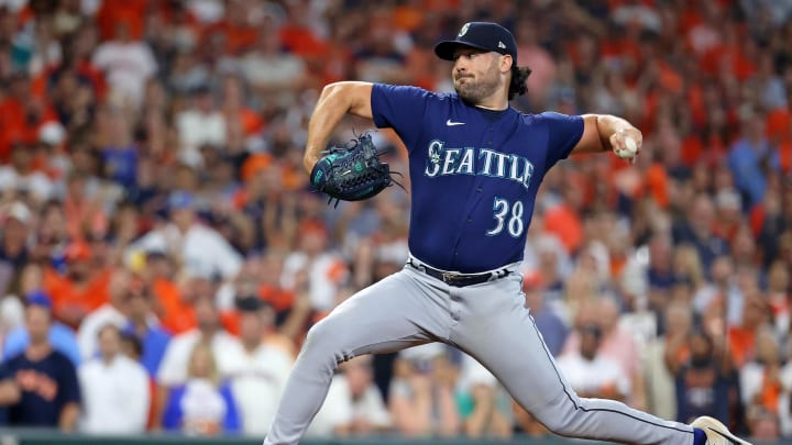 Oct 11, 2022; Houston, Texas, USA; Seattle Mariners starting pitcher Robbie Ray (38) pitches against the Houston Astros during the ninth inning in game one of the ALDS for the 2022 MLB Playoffs at Minute Maid Park. 