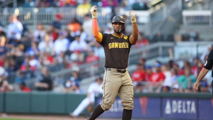 May 19, 2024; Atlanta, Georgia, USA; San Diego Padres second baseman Xander Bogaerts (2) reacts after a single against the Atlanta Braves in the first inning at Truist Park. Mandatory Credit: Brett Davis-USA TODAY Sports