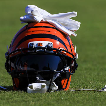 Jul 23, 2025; Cincinnati, OH, USA; A general view of a Cincinnati Bengals helmet during training camp at Kettering Health Practice Field. Mandatory Credit: Katie Stratman-Imagn Images