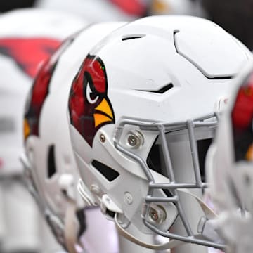 Dec 31, 2023; Philadelphia, Pennsylvania, USA; Arizona Cardinals helmets on the bench against the Philadelphia Eagles at Lincoln Financial Field. Mandatory Credit: Eric Hartline-Imagn Images