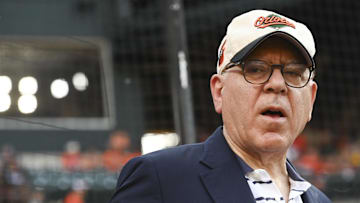 Jun 28, 2024; Baltimore, Maryland, USA; Baltimore Orioles owner David Rubenstein on the field before the game against the Texas Rangers  at Oriole Park at Camden Yards.