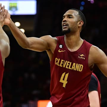 Apr 2, 2023; Cleveland, Ohio, USA; Cleveland Cavaliers forward Evan Mobley (4) celebrates with guard Donovan Mitchell (45) during the second half against the Indiana Pacers at Rocket Mortgage FieldHouse. Mandatory Credit: Ken Blaze-Imagn Images