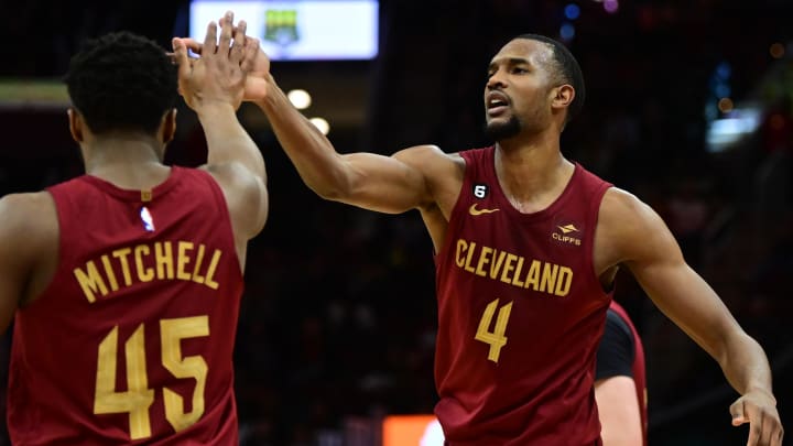 Apr 2, 2023; Cleveland, Ohio, USA; Cleveland Cavaliers forward Evan Mobley (4) celebrates with guard Donovan Mitchell (45) during the second half against the Indiana Pacers at Rocket Mortgage FieldHouse. Mandatory Credit: Ken Blaze-USA TODAY Sports