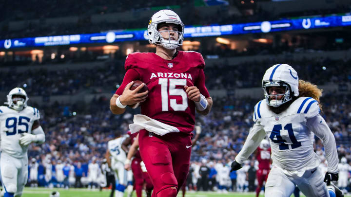 Arizona Cardinals quarterback Clayton Tune (15) runs into the end zone for a touchdown Saturday, Aug. 17, 2024, before a preseason game between the Indianapolis Colts and the Arizona Cardinals at Lucas Oil Stadium in Indianapolis.