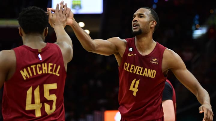 Apr 2, 2023; Cleveland, Ohio, USA; Cleveland Cavaliers forward Evan Mobley (4) celebrates with guard Donovan Mitchell (45) during the second half against the Indiana Pacers at Rocket Mortgage FieldHouse. Mandatory Credit: Ken Blaze-USA TODAY Sports