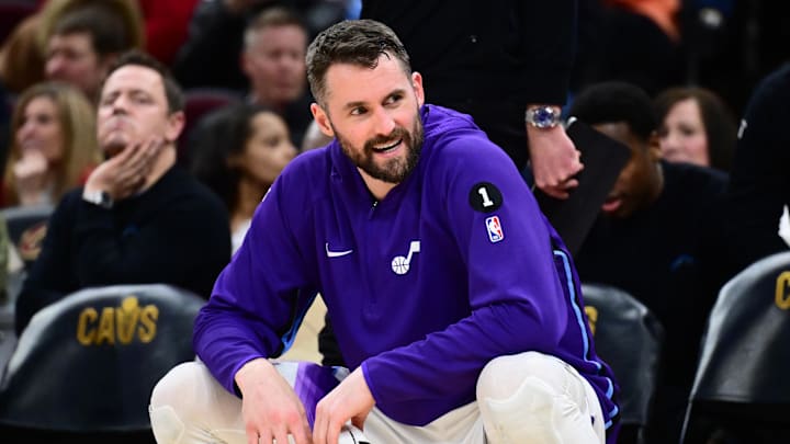 Jan 12, 2026; Cleveland, Ohio, USA; Utah Jazz forward Kevin Love (42) reacts against the Cleveland Cavaliers during the second half at Rocket Arena. Mandatory Credit: Ken Blaze-Imagn Images