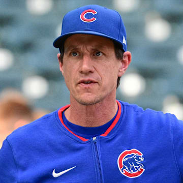 Jul 28, 2025; Milwaukee, Wisconsin, USA;  Chicago Cubs manager Craig Counsell looks on during batting practice before game against the Milwaukee Brewers at American Family Field. 