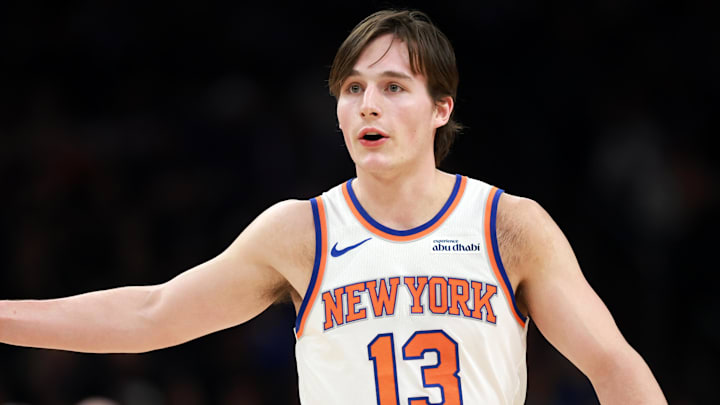 Jan 9, 2026; Phoenix, Arizona, USA; New York Knicks guard Tyler Kolek (13) against the Phoenix Suns at Mortgage Matchup Center. Mandatory Credit: Mark J. Rebilas-Imagn Images