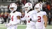 Nov 4, 2023; Pullman, Washington, USA; Stanford Cardinal linebacker Wilfredo Aybar (14) celebrates after a play against the Washington State Cougars in the second half at Gesa Field at Martin Stadium. Stanford won 10-7. Mandatory Credit: James Snook-Imagn Images