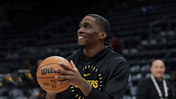 Feb 12, 2025; Salt Lake City, Utah, USA;  Los Angeles Lakers guard Shake Milton (20) warms up before a game against the Utah Jazz at Delta Center. Mandatory Credit: Chris Nicoll-Imagn Images