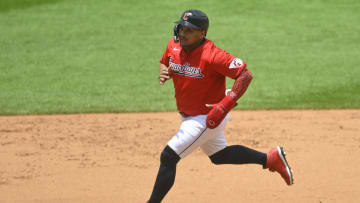 Jun 23, 2024; Cleveland, Ohio, USA; Cleveland Guardians first baseman Josh Naylor (22) runs the bases in the first inning against the Toronto Blue Jays at Progressive Field. Mandatory Credit: David Richard-USA TODAY Sports