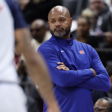 Mar 13, 2025; Detroit, Michigan, USA;  Detroit Pistons head coach J.B. Bickerstaff looks on in the second half against the Washington Wizards at Little Caesars Arena. Mandatory Credit: Rick Osentoski-Imagn Images