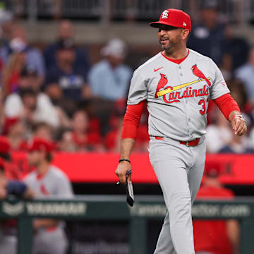 Apr 21, 2025; Atlanta, Georgia, USA; St. Louis Cardinals manager Oliver Marmol (37) makes a pitching change against the Atlanta Braves in the eighth inning at Truist Park. Mandatory Credit: Brett Davis-Imagn Images