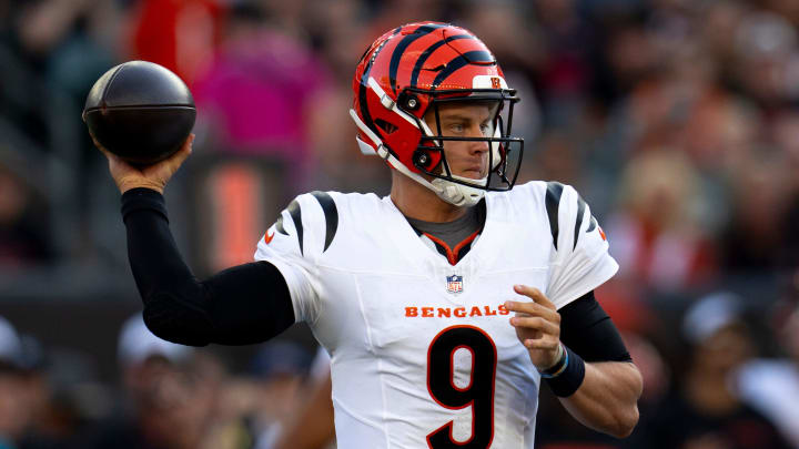 Cincinnati Bengals quarterback Joe Burrow (9) throws a completion in the first quarter of the NFL preseason game against the Tampa Bay Buccaneers at Paycor Stadium in Cincinnati Saturday, August 10, 2024.