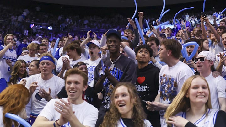 Brigham Young Cougars 2025/-2026 top recruit Aj Dybantsa joins the student section against the West Virginia Mountaineers at Marriott Center. Rob Gray-Imagn Images