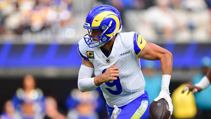 Sep 22, 2024; Inglewood, California, USA; Los Angeles Rams quarterback Matthew Stafford (9) moves out to pass against the San Francisco 49ers during the first half at SoFi Stadium. Mandatory Credit: Gary A. Vasquez-Imagn Images Sep 22, 2024; Inglewood, California, USA; Los Angeles Rams quarterback Matthew Stafford (9) moves out to pass against the San Francisco 49ers during the first half at SoFi Stadium. Mandatory Credit: Gary A. Vasquez-Imagn Images