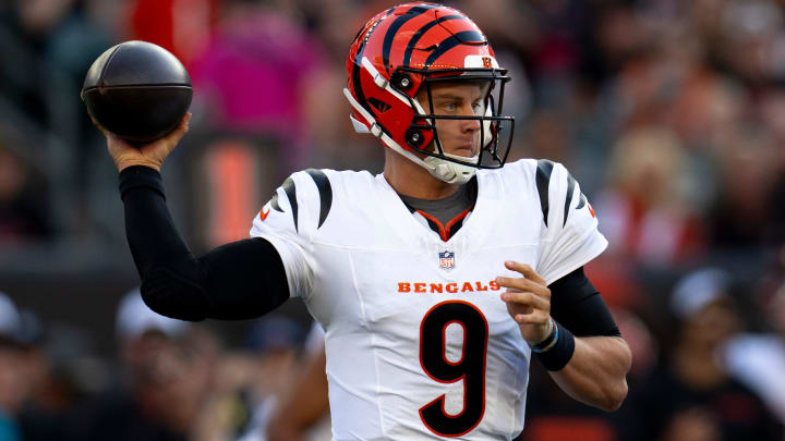 Cincinnati Bengals quarterback Joe Burrow (9) throws a completion in the first quarter of the NFL preseason game against the Tampa Bay Buccaneers at Paycor Stadium in Cincinnati Saturday, August 10, 2024.