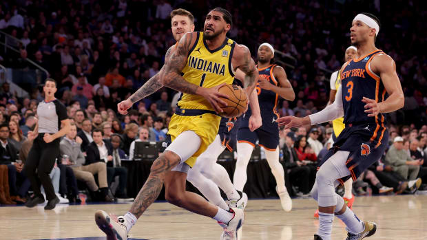 Feb 1, 2024; New York, New York, USA; Indiana Pacers forward Obi Toppin (1) drives to the basket