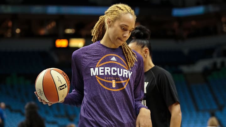 Jun 27, 2015; Minneapolis, MN, USA; Phoenix Mercury center Brittney Griner (42) warms up before the game against the Minnesota Lynx at Target Center. Mandatory Credit: Brad Rempel-Imagn Images