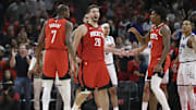 Nov 16, 2025; Houston, Texas, USA; Houston Rockets center Alperen Sengun (28) reacts after making a basket during overtime against the Orlando Magic at Toyota Center. Mandatory Credit: Troy Taormina-Imagn Images