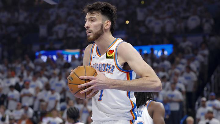 Jun 5, 2025; Oklahoma City, Oklahoma, USA; Oklahoma City Thunder forward Chet Holmgren (7) looks on during the first quarter against the Indiana Pacers during game one of the 2025 NBA Finals at Paycom Center. Mandatory Credit: Alonzo Adams-Imagn Images