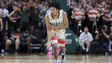 Feb 10, 2024; Coral Gables, Florida, USA; Miami Hurricanes guard Nijel Pack (24) reacts after scoring against the North Carolina Tar Heels during the first half at Watsco Center. Mandatory Credit: Sam Navarro-USA TODAY Sports