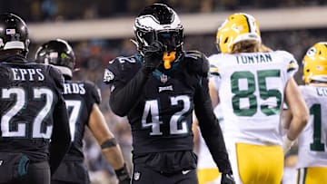 Nov 27, 2022; Philadelphia, Pennsylvania, USA; Philadelphia Eagles safety K'Von Wallace (42) reacts after breaking up a Green Bay Packers pass in the end zone during the fourth quarter at Lincoln Financial Field.