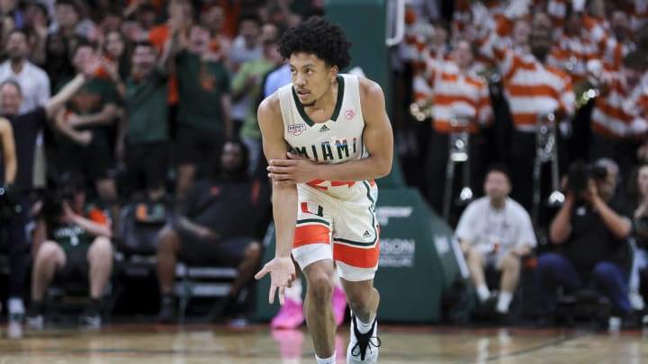 Feb 10, 2024; Coral Gables, Florida, USA; Miami Hurricanes guard Nijel Pack (24) reacts after scoring against the North Carolina Tar Heels during the first half at Watsco Center. 