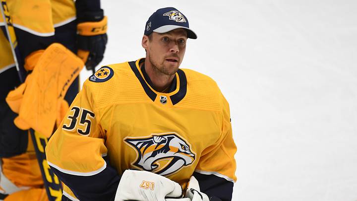May 27, 2021; Nashville, Tennessee, USA; Nashville Predators goaltender Pekka Rinne (35) looks to the crowd as he leaves the ice after an overtime loss against the Carolina Hurricanes in game six of the first round of the 2021 Stanley Cup Playoffs at Bridgestone Arena. Mandatory Credit: Christopher Hanewinckel-USA TODAY Sports May 27, 2021; Nashville, Tennessee, USA; Nashville Predators goaltender Pekka Rinne (35) looks to the crowd as he leaves the ice after an overtime loss against the Carolina Hurricanes in game six of the first round of the 2021 Stanley Cup Playoffs at Bridgestone Arena. Mandatory Credit: Christopher Hanewinckel-USA TODAY Sports