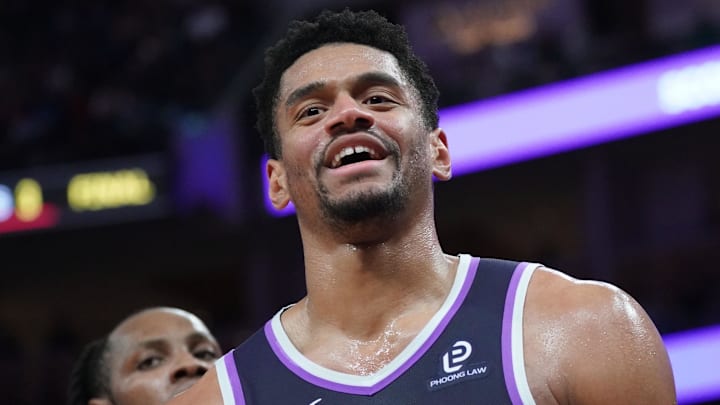 Apr 7, 2026; San Francisco, California, USA;  Sacramento Kings center Dylan Cardwell (32) smiles after getting called for a foul against the Golden State Warriors in the fourth quarter at Chase Center. Mandatory Credit: David Gonzales-Imagn Images