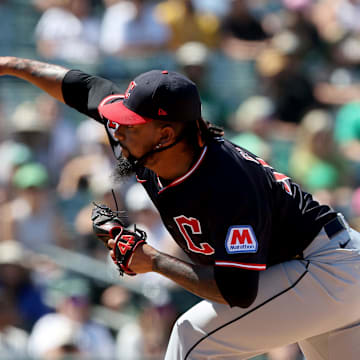 Cleveland Guardians pitcher Emmanuel Clase (48) throws a pitch against the Athletics during the ninth inning at Sutter Health Park on June 22. 