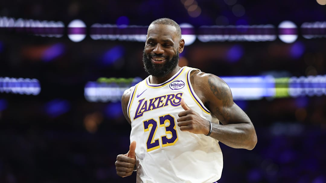 Dec 7, 2025; Philadelphia, Pennsylvania, USA; Los Angeles Lakers forward Lebron James (23) reacts after a play against the Philadelphia 76ers during the second quarter at Xfinity Mobile Arena. Mandatory Credit: Bill Streicher-Imagn Images