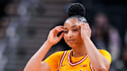 USC Trojans guard JuJu Watkins (12) reacts to the cation Saturday, March 8, 2025, in a semifinals game at the 2025 TIAA Big Ten Women's Basketball Tournament between the Iowa Hawkeyes and the Ohio State Buckeyes at Gainbridge Fieldhouse in Indianapolis.