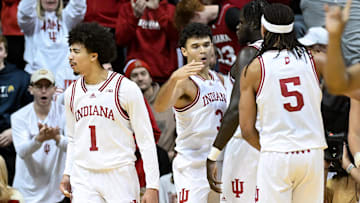 Jan 26, 2025; Bloomington, Indiana, USA; Indiana Hoosiers guard Myles Rice (1) and Indiana Hoosiers guard Anthony Leal (3) celebrate after a play during the second half  against the Maryland Terrapins at Simon Skjodt Assembly Hall. Mandatory Credit: Robert Goddin-Imagn Images