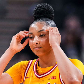 USC Trojans guard JuJu Watkins (12) reacts to the cation Saturday, March 8, 2025, in a semifinals game at the 2025 TIAA Big Ten Women's Basketball Tournament between the Iowa Hawkeyes and the Ohio State Buckeyes at Gainbridge Fieldhouse in Indianapolis.