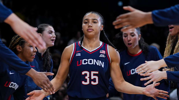 UConn Huskies guard Azzi Fudd takes the court during player introductions before the game against the Xavier Musketeers