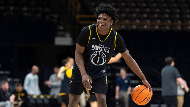 Iowa guard Ty'Reek Coleman (1) dribbles Oct. 12, 2026 during an Iowa men’s basketball open practice at Carver-Hawkeye Arena in Iowa City, Iowa.