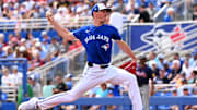 Mar 2, 2024; Dunedin, Florida, USA; Toronto Blue Jays pitcher Chris Bassit (40) throws a pitch in the first inning of the spring training  game against the Atlanta Braves at TD Ballpark. Mandatory Credit: Jonathan Dyer-Imagn Images