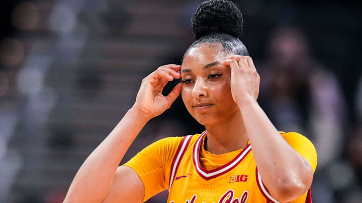 USC Trojans guard JuJu Watkins (12) reacts to the cation Saturday, March 8, 2025, in a semifinals game at the 2025 TIAA Big Ten Women's Basketball Tournament between the Iowa Hawkeyes and the Ohio State Buckeyes at Gainbridge Fieldhouse in Indianapolis. USC Trojans guard JuJu Watkins (12) reacts to the cation Saturday, March 8, 2025, in a semifinals game at the 2025 TIAA Big Ten Women's Basketball Tournament between the Iowa Hawkeyes and the Ohio State Buckeyes at Gainbridge Fieldhouse in Indianapolis.