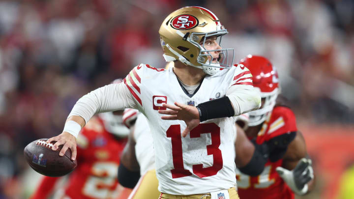 Feb 11, 2024; Paradise, Nevada, USA; San Francisco 49ers quarterback Brock Purdy (13) throws a pass against the Kansas City Chiefs in the second half in Super Bowl LVIII at Allegiant Stadium. Mandatory Credit: Mark J. Rebilas-USA TODAY Sports Feb 11, 2024; Paradise, Nevada, USA; San Francisco 49ers quarterback Brock Purdy (13) throws a pass against the Kansas City Chiefs in the second half in Super Bowl LVIII at Allegiant Stadium. Mandatory Credit: Mark J. Rebilas-USA TODAY Sports