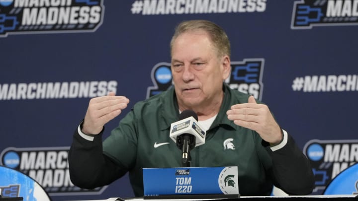 Mar 20, 2024; Charlotte, NC, USA; Michigan State Spartans head coach Tom Izzo during a press conference at Spectrum Center. Mandatory Credit: Bob Donnan-USA TODAY Sports