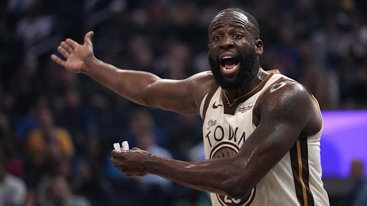 Jan 30, 2026; San Francisco, California, USA; Golden State Warriors forward Draymond Green (23) reacts after the Warriors committed a turnover against the Detroit Pistons in the first quarter at the Chase Center. Mandatory Credit: Cary Edmondson-Imagn Images