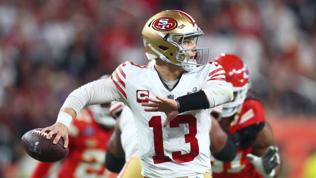 San Francisco 49ers quarterback Brock Purdy (13) throws a pass against the Kansas City Chiefs in the Super Bowl