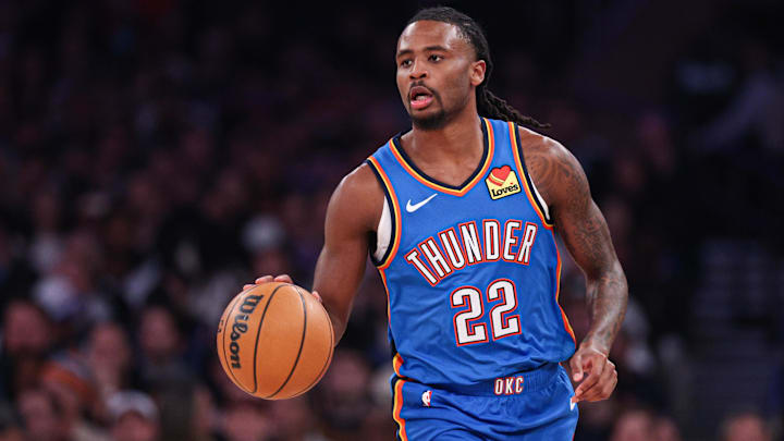 Mar 4, 2026; New York, New York, USA; Oklahoma City Thunder guard Cason Wallace (22) dribbles up court against the New York Knicks during the first half at Madison Square Garden. Mandatory Credit: Vincent Carchietta-Imagn Images