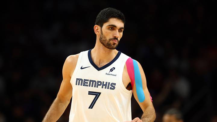 Oct 29, 2025; Phoenix, Arizona, USA; Memphis Grizzlies forward Santi Aldama (7) against the Phoenix Suns at the Mortgage Matchup Center. Mandatory Credit: Mark J. Rebilas-Imagn Images