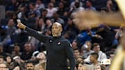 Oct 8, 2025; San Francisco, California, USA;  Portland Trail Blazers Head Coach Chauncey Billups gestures against the Golden State Warriors during the second quarter at Chase Center. Mandatory Credit: John Hefti-Imagn Images